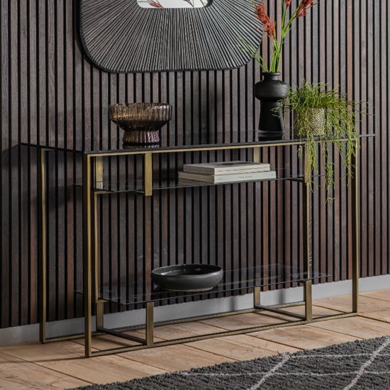 Read more about Cody black glass console table with bronze metal frame