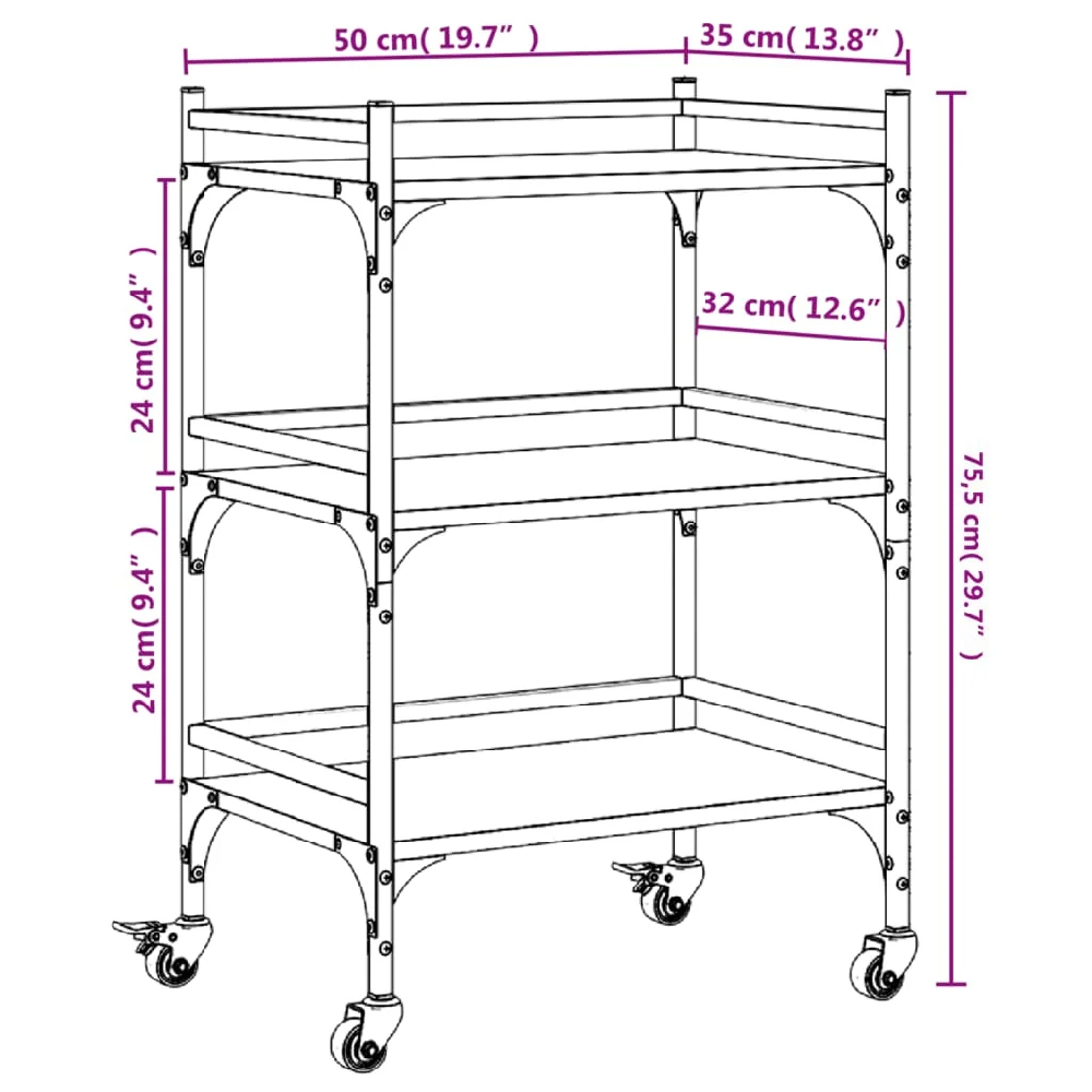 Coeburn Wooden Kitchen Trolley With 3 Shelves In Grey Sonoma