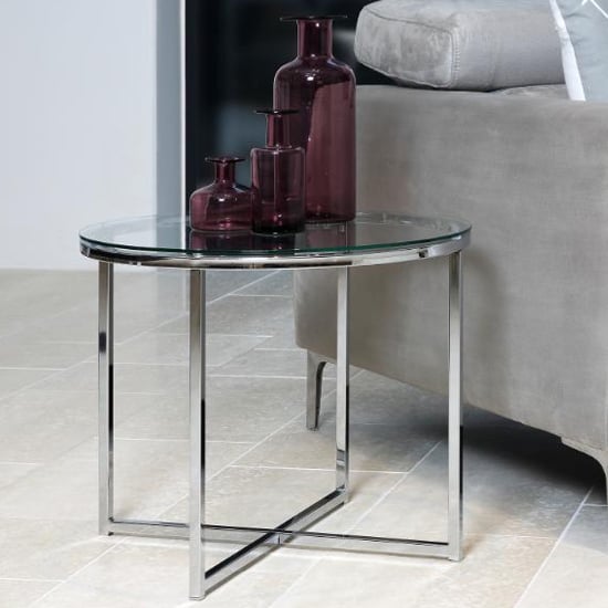 Product photograph of Coeur Clear Glass Side Table Round With Chrome Frame from Furniture in Fashion
