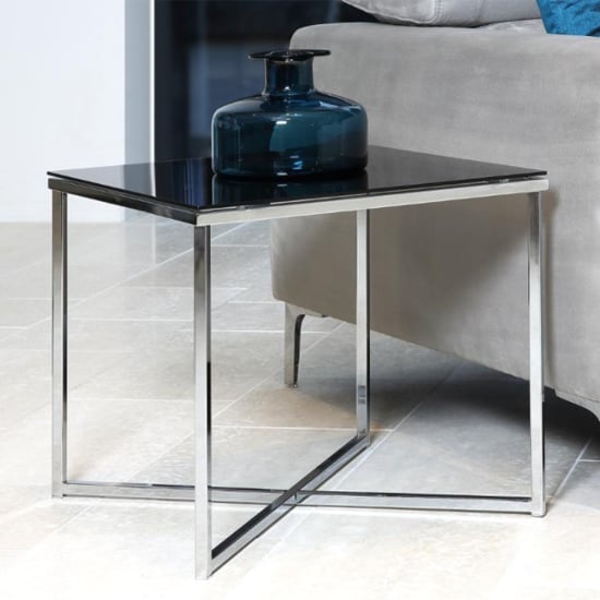 Coeur Square Black Glass Side Table With Chrome Base