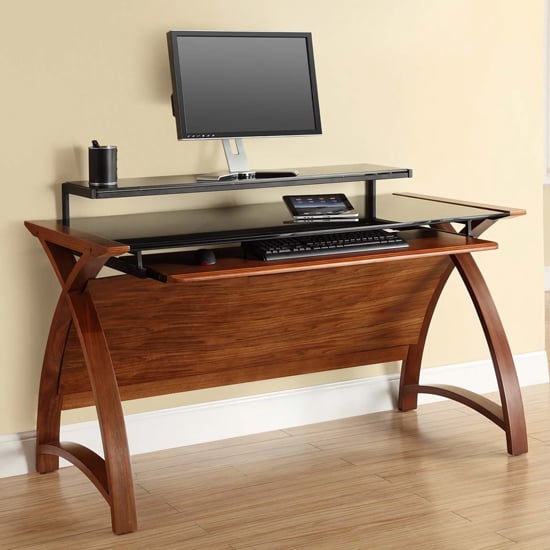 Photo of Cohen curve computer desk large in black glass top and walnut