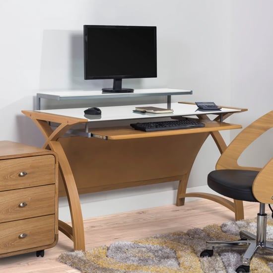 Cohen Large Curve Computer Desk With Milk White Glass Top In Oak