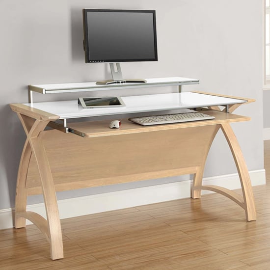 Product photograph of Cohen Curve Computer Desk Large In White Glass Top And Oak from Furniture in Fashion