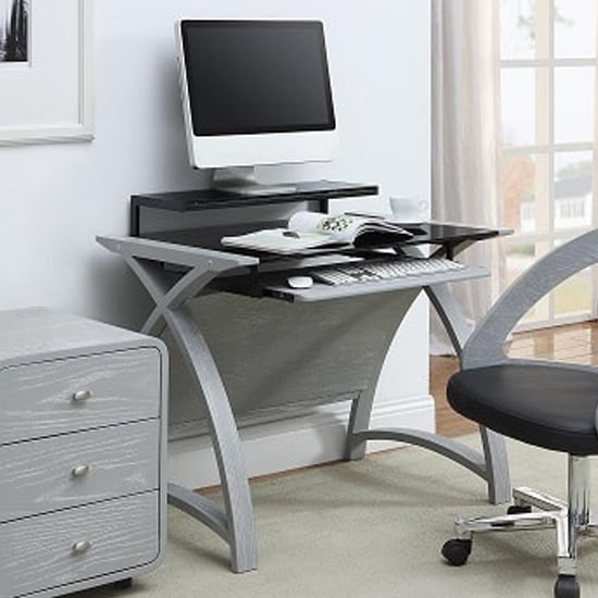 Product photograph of Cohen Curve Computer Desk Small In Black Glass And Grey Ash from Furniture in Fashion
