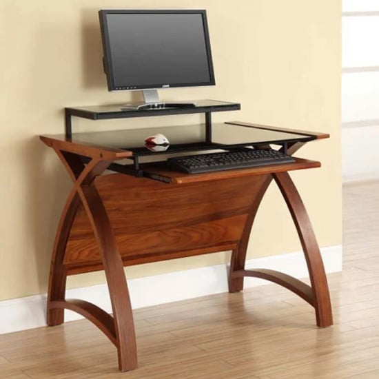 Photo of Cohen curve computer desk small in black glass top and walnut