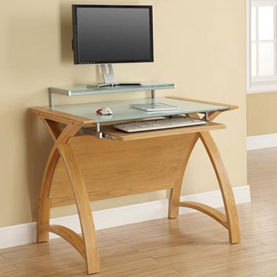 Photo of Cohen curve computer desk small in milk white glass top and oak