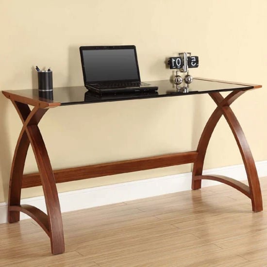 Photo of Cohen curve laptop table large in black glass top and walnut