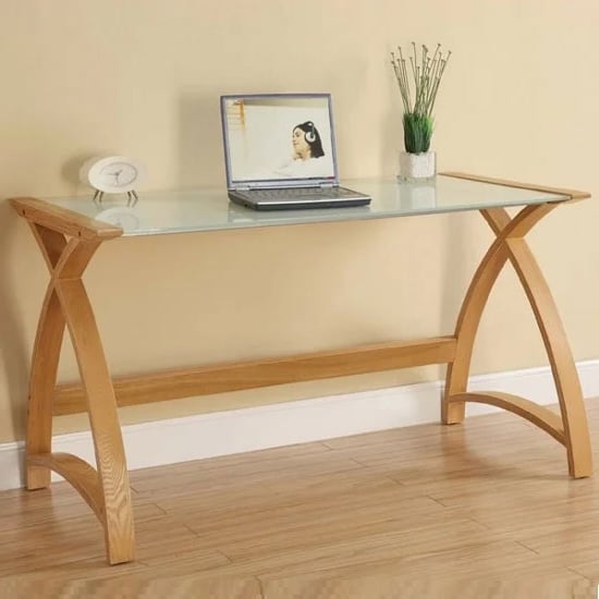 Photo of Cohen curve laptop table large in milk white glass top and oak