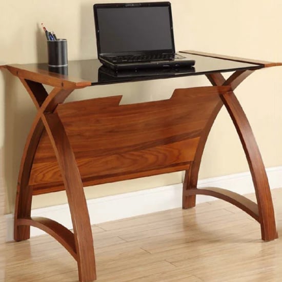 Photo of Cohen curve laptop table small in black glass top and walnut