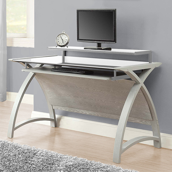 Cohen Large Curve White Glass Top Computer Desk In Grey