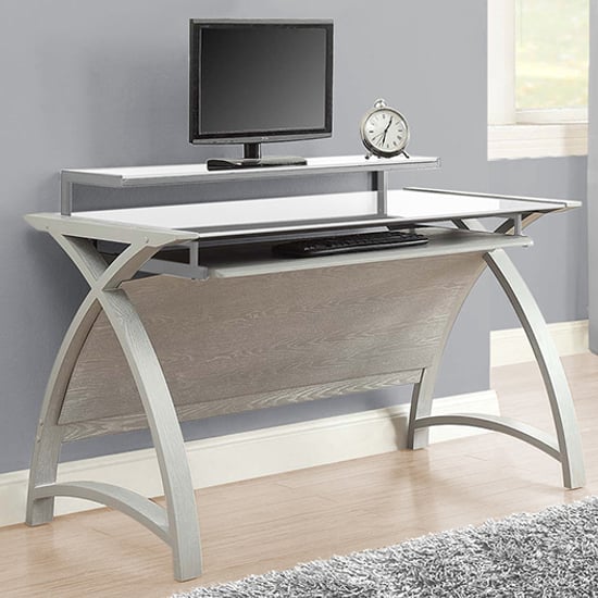 Photo of Cohen large curve white glass top computer desk in grey