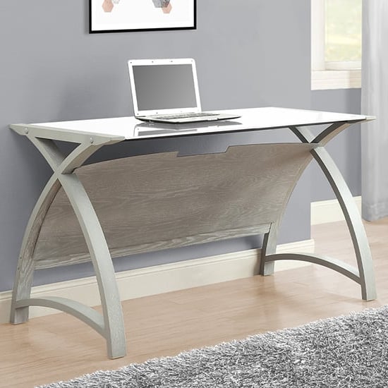 Photo of Cohen large curve white glass top laptop desk in grey