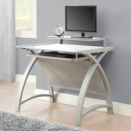 Cohen Small Curve White Glass Top Computer Desk In Grey