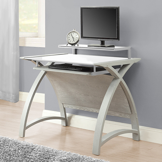 Read more about Cohen small curve white glass top computer desk in grey