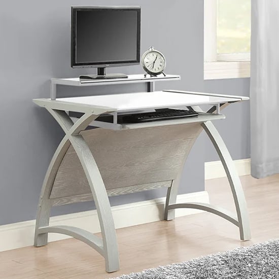 Photo of Cohen small curve white glass top computer desk in grey
