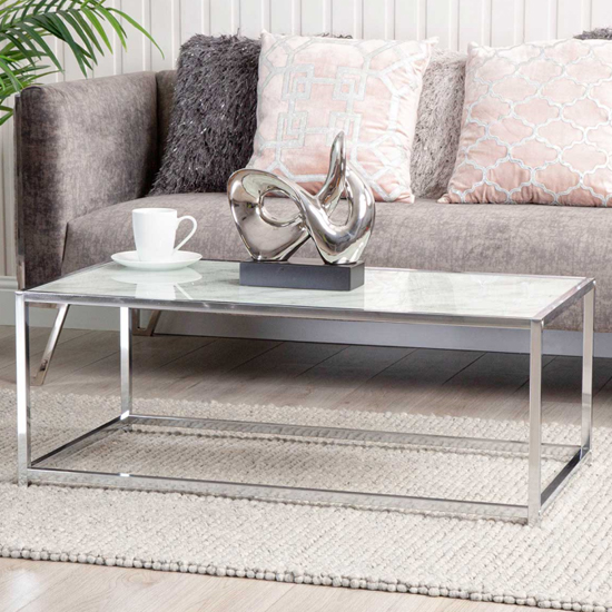 Product photograph of Colfax Glass Coffee Table In White Marble Effect from Furniture in Fashion