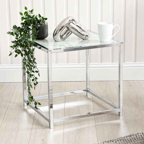 Product photograph of Colfax Glass End Table In White Marble Effect from Furniture in Fashion