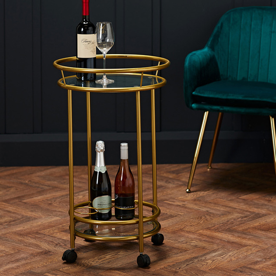 Read more about Colin round glass shelves drinks trolley with gold frame