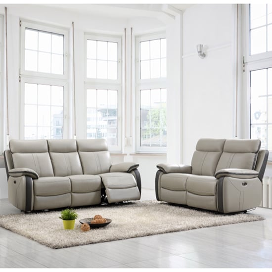 Product photograph of Colon Electric Leather 3 2 Sofa Set In Dual Tone Light Grey from Furniture in Fashion