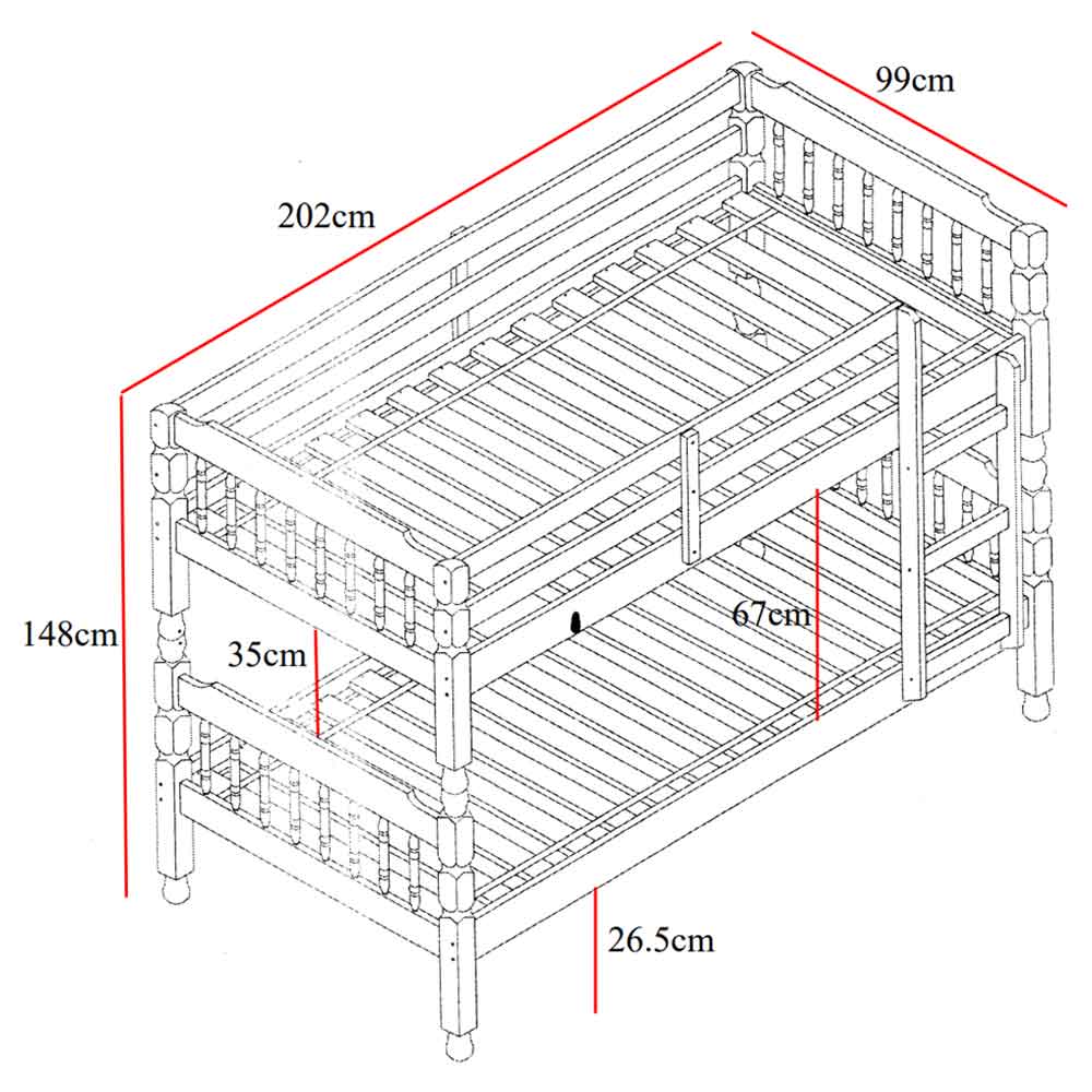 Colonial Wooden Single Bunk Bed In Waxed Pine