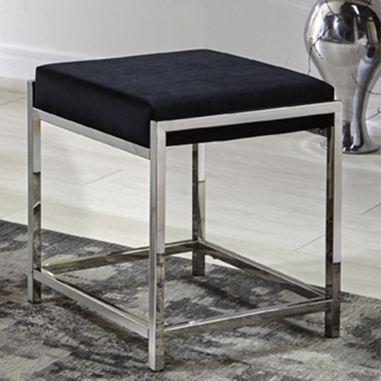 Colony Velvet Fabric Stool In Black With Stainless Steel Legs