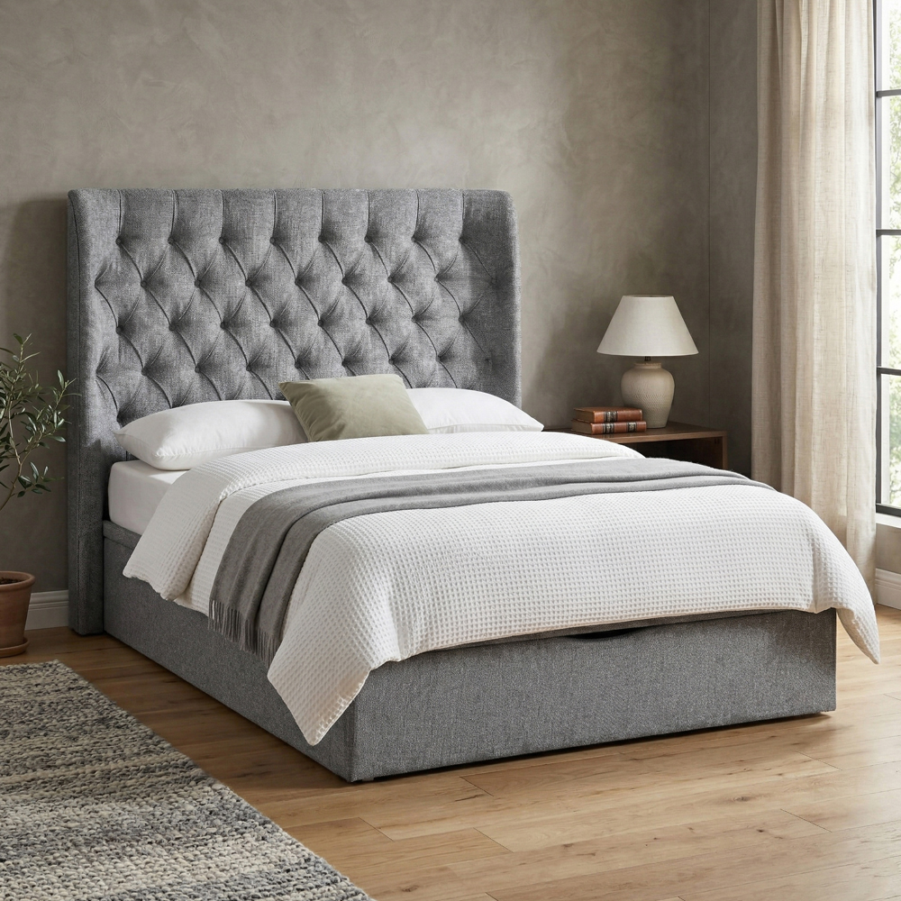 Colusa Fabric Ottoman Storage Double Bed In Grey
