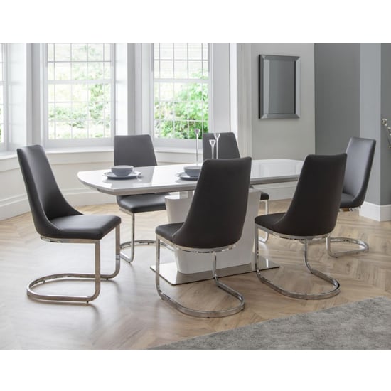 Caishen Extending White Gloss Dining Table With 6 Grey Chairs