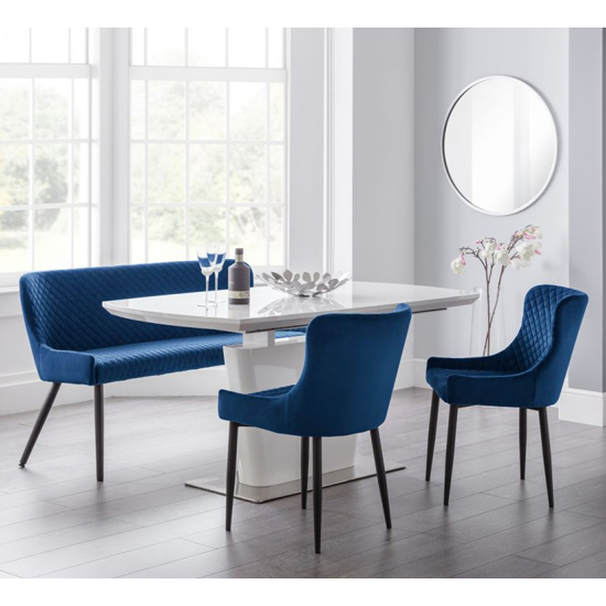 Cosey Extending White Gloss Dining Table Bench 2 Blue Chairs