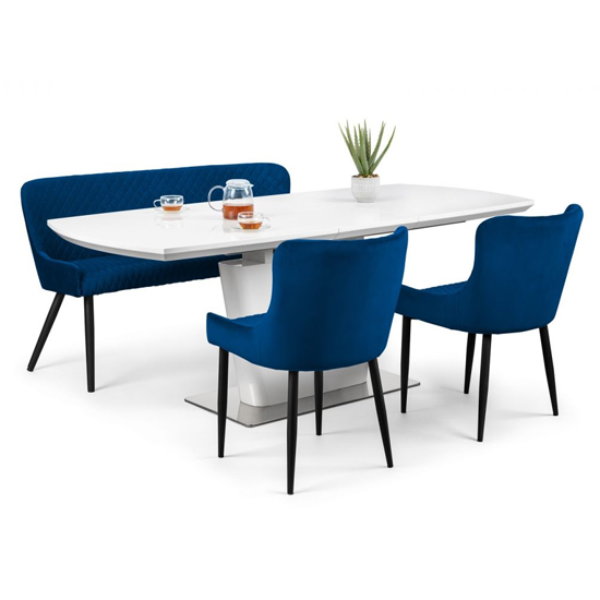 Cosey Extending White Gloss Dining Table Bench 2 Blue Chairs