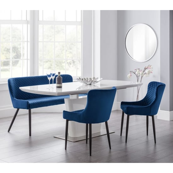 Cosey Extending White Gloss Dining Table Bench 2 Blue Chairs