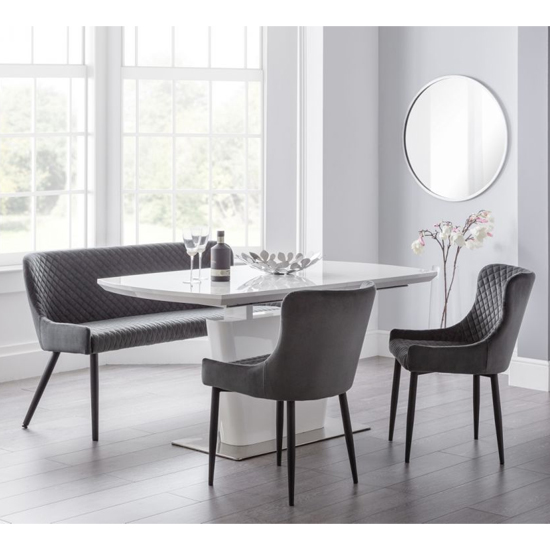 Cosey Extending White Gloss Dining Table With Bench 2 Grey Chairs_2