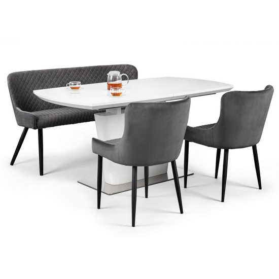 Cosey Extending White Gloss Dining Table With Bench 2 Grey Chairs_3