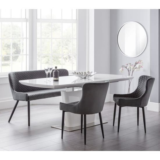 View Como extending white gloss dining table with bench 2 grey chairs