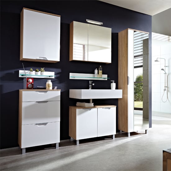 Santos Gloss White Bathroom Furniture in Canadian Oak Santos Gloss White Bathroom Furniture in Canadian Oak