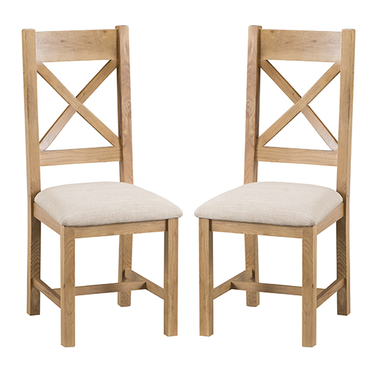 Read more about Concan medium oak cross back fabric seat dining chairs in pair