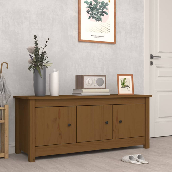 Read more about Concord pinewood shoe storage bench with 3 doors in honey brown