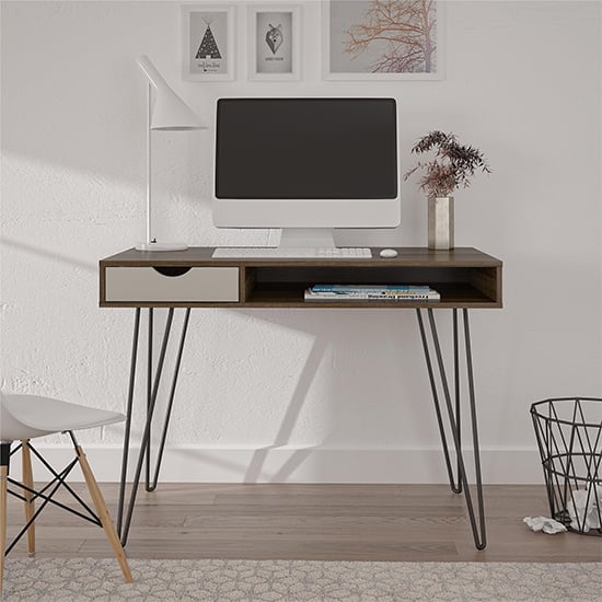 Photo of Concorde wooden computer desk with storage in brown oak