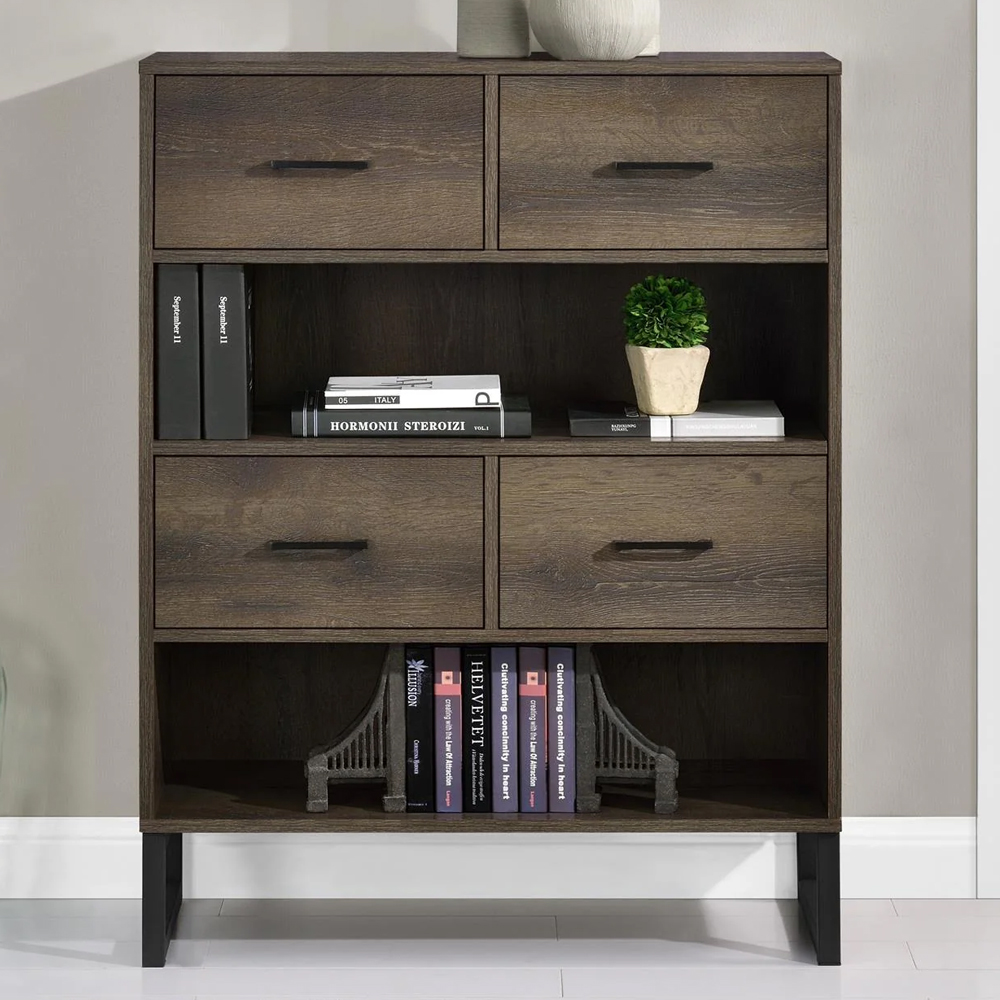 Condon Wooden Bookcase With 4 Drawers 2 Shelves In Brown