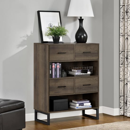 Photo of Condon wooden bookcase with 4 fabric bins in brown