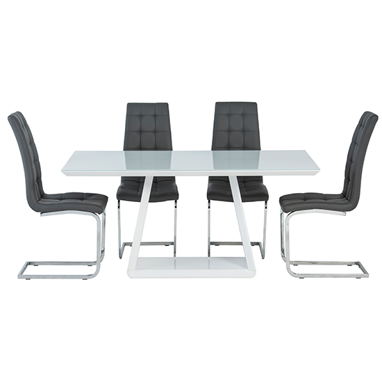 Conrad White Gloss Dining Table With 4 Moreno Grey Chairs
