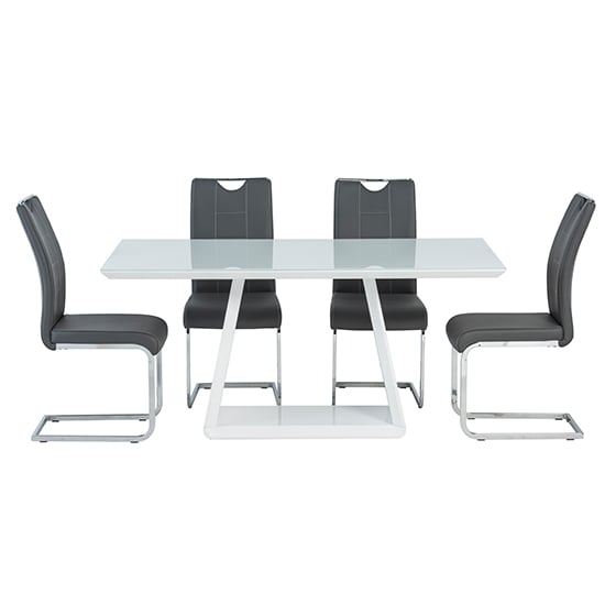 Conrad White Gloss Dining Table With 4 Osken Grey Chairs