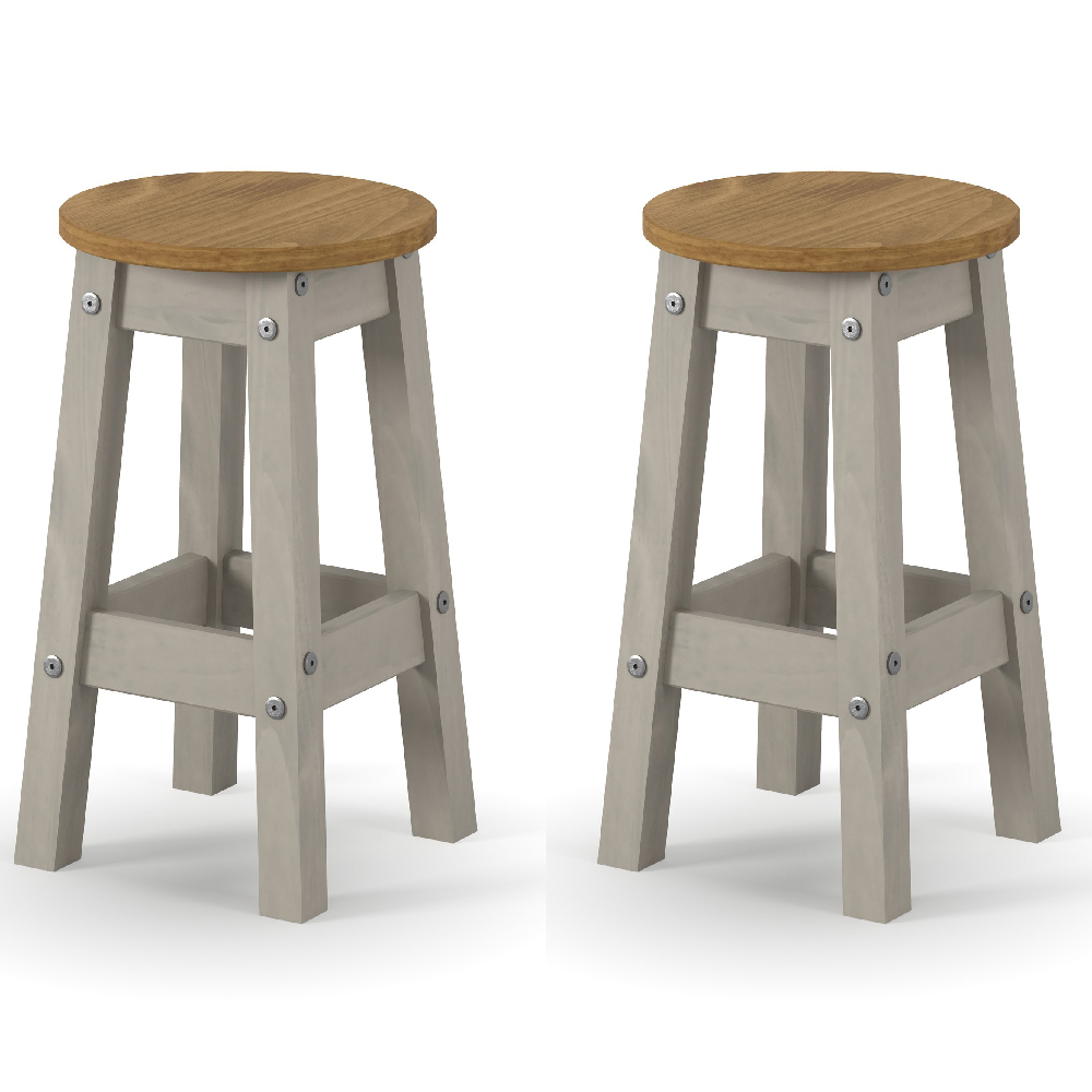 Read more about Consett grey and oak round wooden bar stools in pair