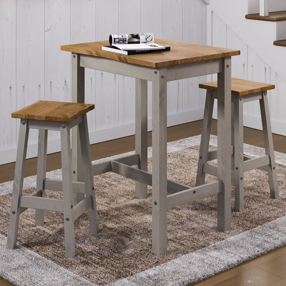 Consett Small Wooden Bar Table With 2 Stools In Grey Oak