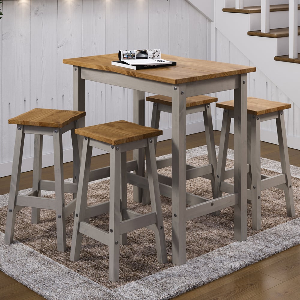 Consett Large Wooden Bar Table With 4 Stools In Grey Oak