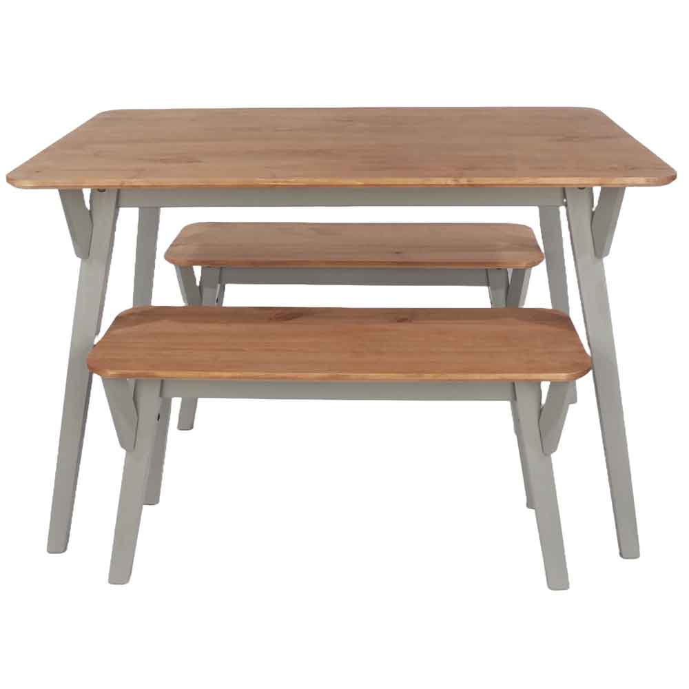Consett Large Wooden Dining Table With 2 Benches - Grey And Oak