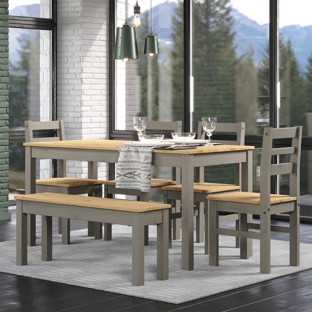 Consett Large Wooden Dining Table with 4 Chairs and 1 Bench in Grey and Oak