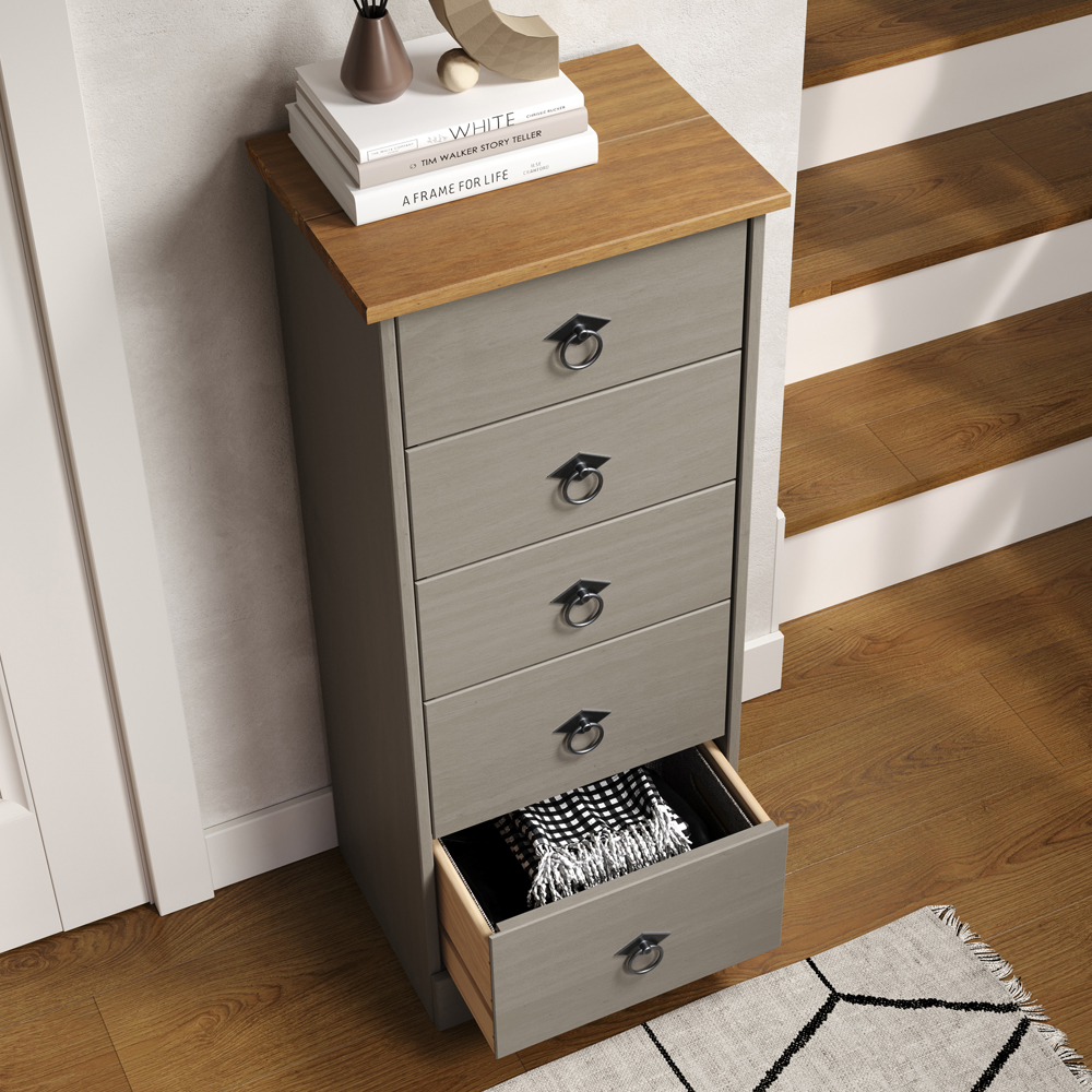 Consett Tall Wooden Chest Of 5 Drawers - Grey Oak