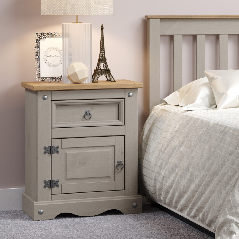 Read more about Consett wooden bedside cabinet with 1 door 1 drawer in grey oak