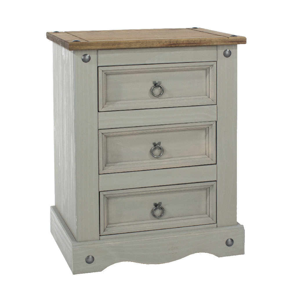 Consett Wooden Bedside Cabinet With 3 Drawers In Grey And Oak