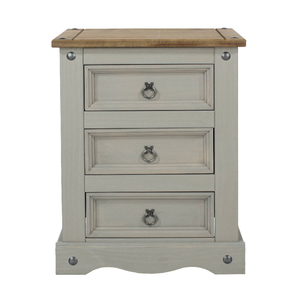 Consett Wooden Bedside Cabinet With 3 Drawers In Grey And Oak